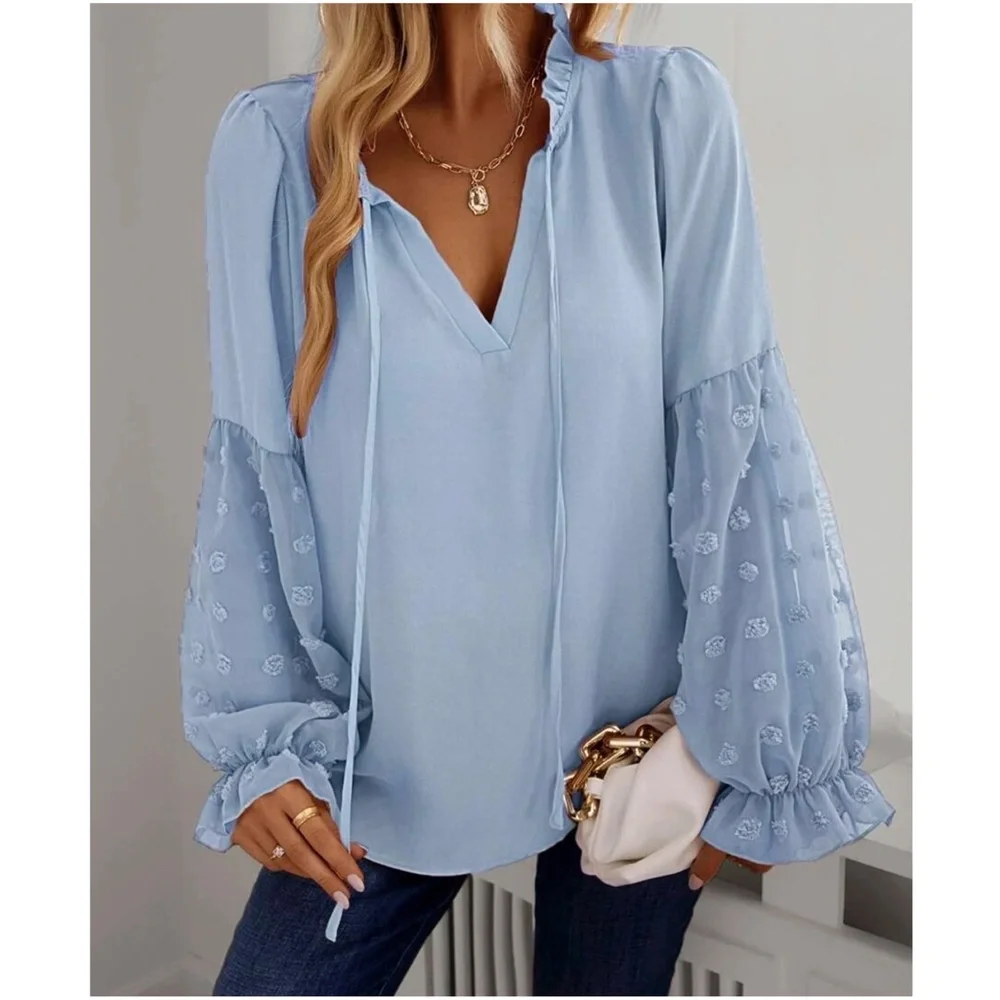 Boho Swiss Dot Sheer Sleeve Ruffle Blouse - Picture 6 of 14
